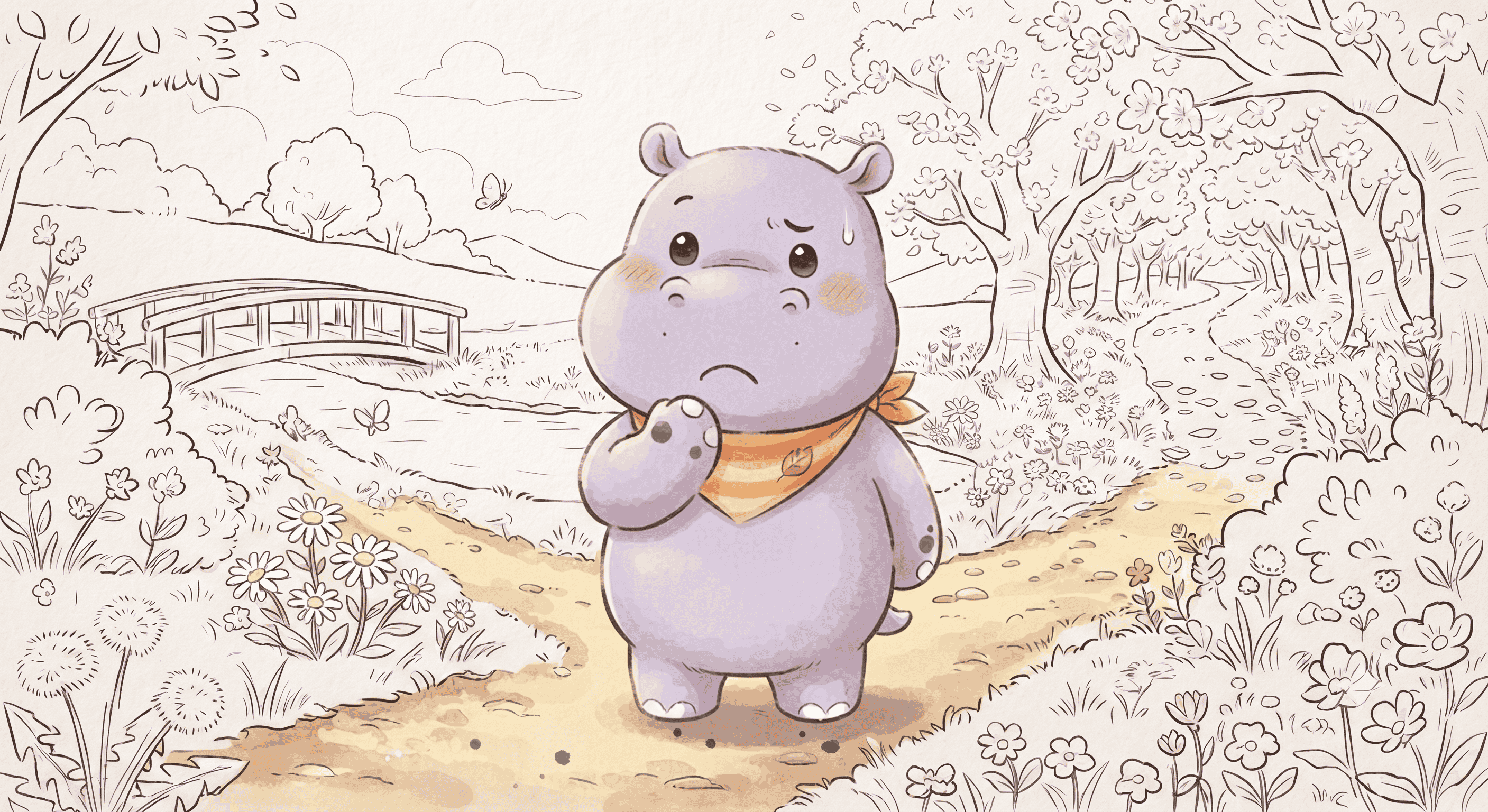 森の中でお絵かきに挑戦する、かわいいカバのキャラクター